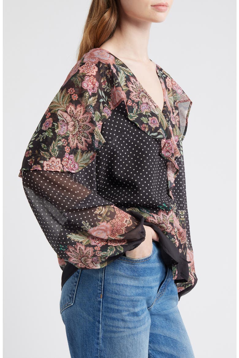 Floral Print Ruffle Top, Alternate, color, BLACK