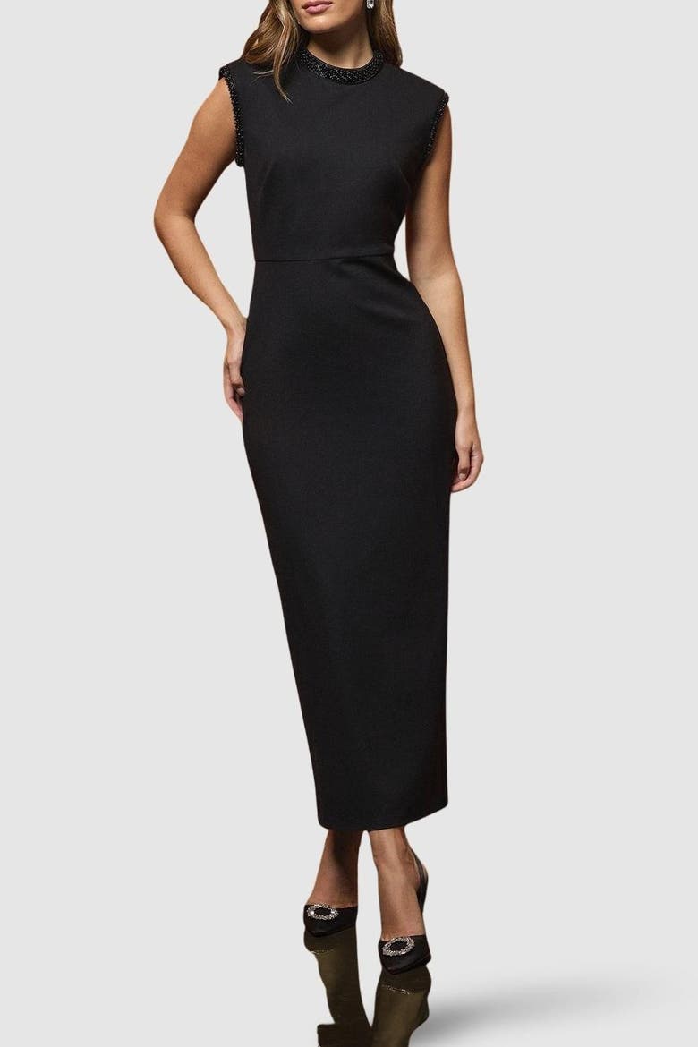 Beaded High Neck Column Maxi Dress, Alternate, color, Black