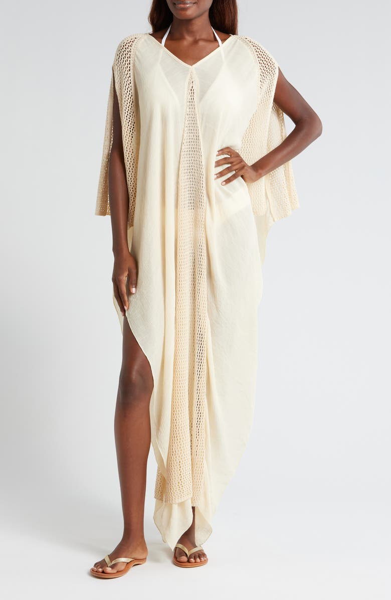 Elan Open Stitch Detail Cover-Up Caftan Dress, Main, color, Natural
