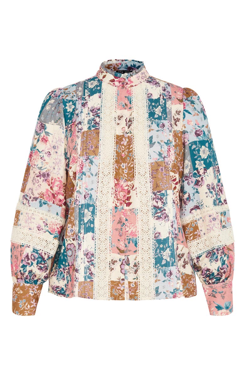 City Chic Floral Print Lace Shirt, Alternate, color, Whimsical