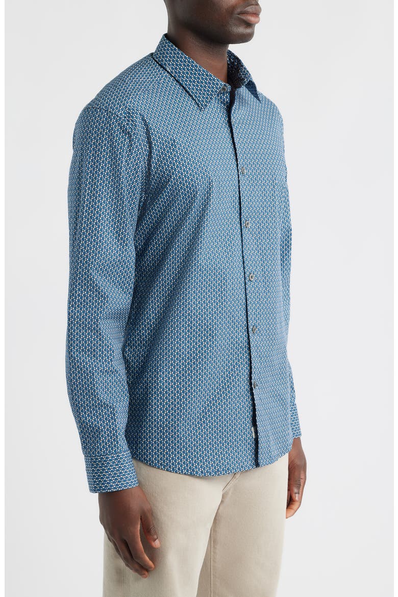 Oakley Modern Fit Microgeometric Print Stretch Cotton Button-Up Shirt, Alternate, color, BLUE
