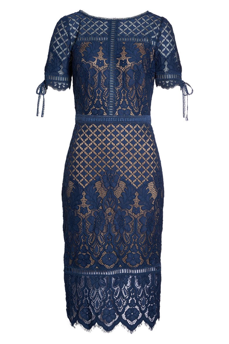 Tie Sleeve Lace Cocktail Dress, Alternate, color, MIDNIGHT/ NUDE
