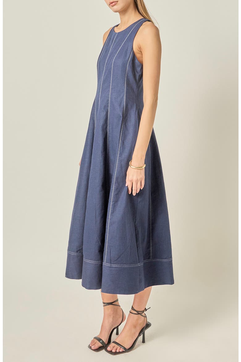 Stitch Detail Linen Midi Dress, Alternate, color, NAVY