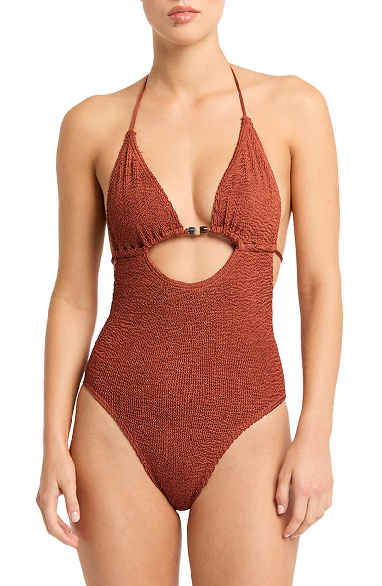 bond-eye Fowler Beaded One-Piece Swimsuit, Main, color, Bronze Shimmer