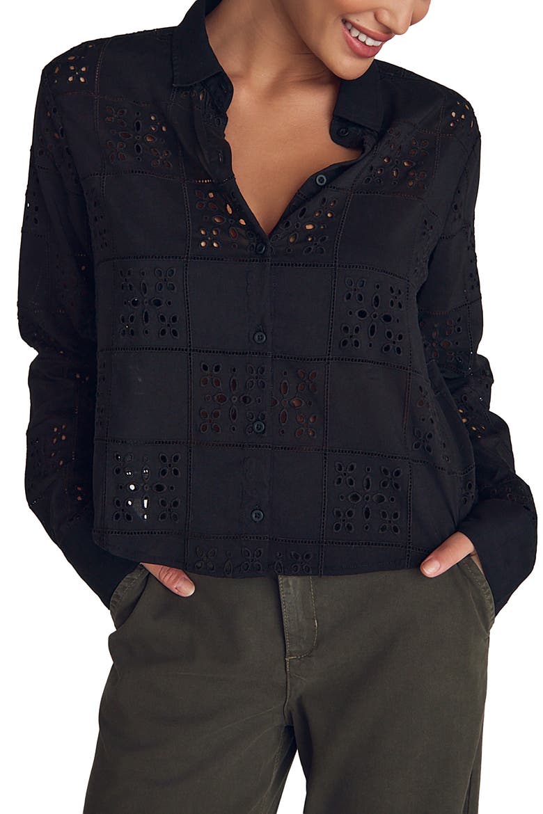Embroidered Eyelet Button-Up Shirt, Main, color, BLACK
