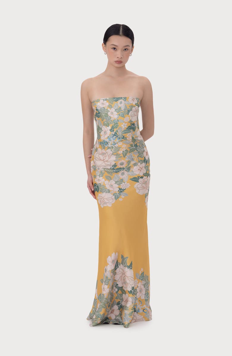 SAU LEE Hesper Floral Satin Gown, Alternate, color, Yellow Multi