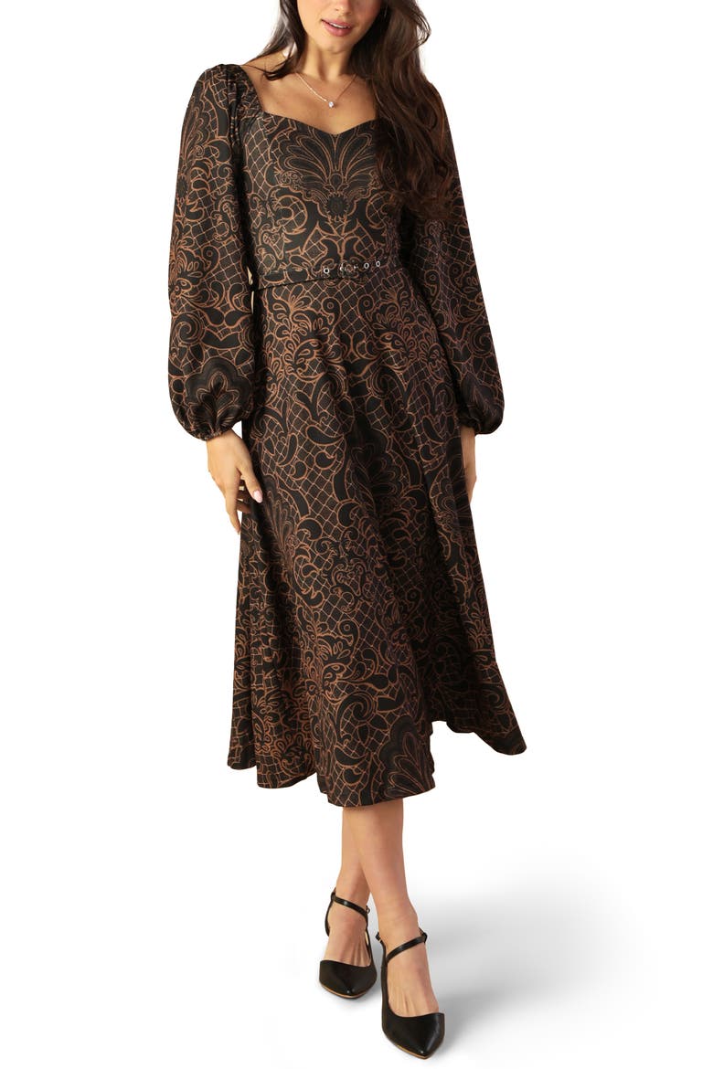 Long Sleeve Belted Midi Dress, Main, color, BROWN