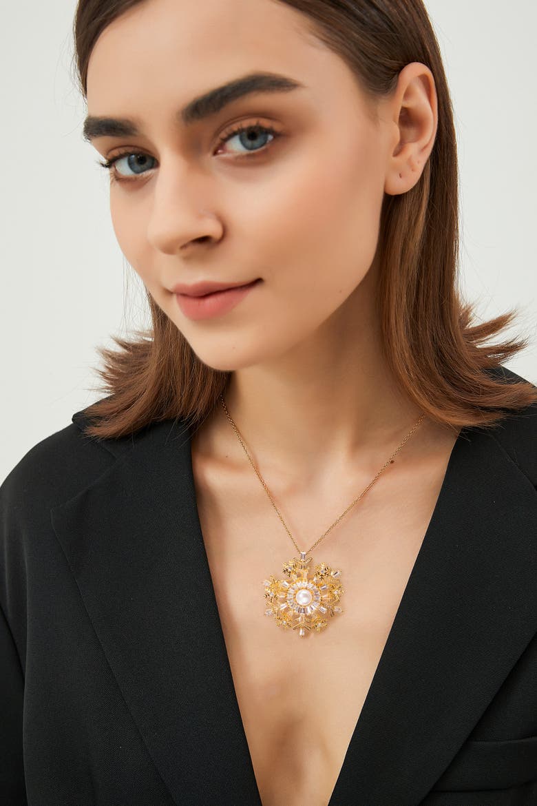 Pavé Cubic Zirconia and Freshwater Pearl Snowflake Multi Way Brooch Pendant, Alternate, color, Gold