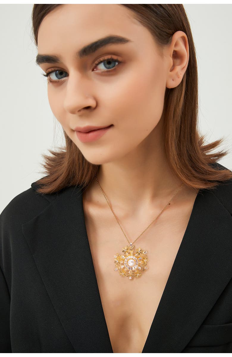 Classicharms Pavé Cubic Zirconia and Freshwater Pearl Snowflake Multi Way Brooch Pendant, Alternate, color, Gold