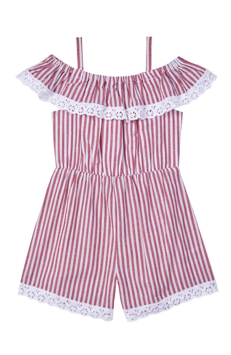 Pippa & Julie Ruffled Lace Striped Romper, Main, color, 