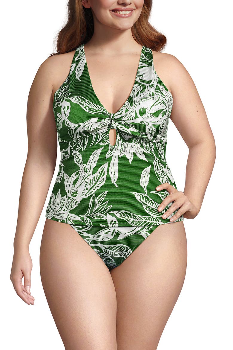 Shine Ribbed Tankini Top and High Waisted Bottom Swimsuit Set, Alternate, color, Green Etched Leaves Shine