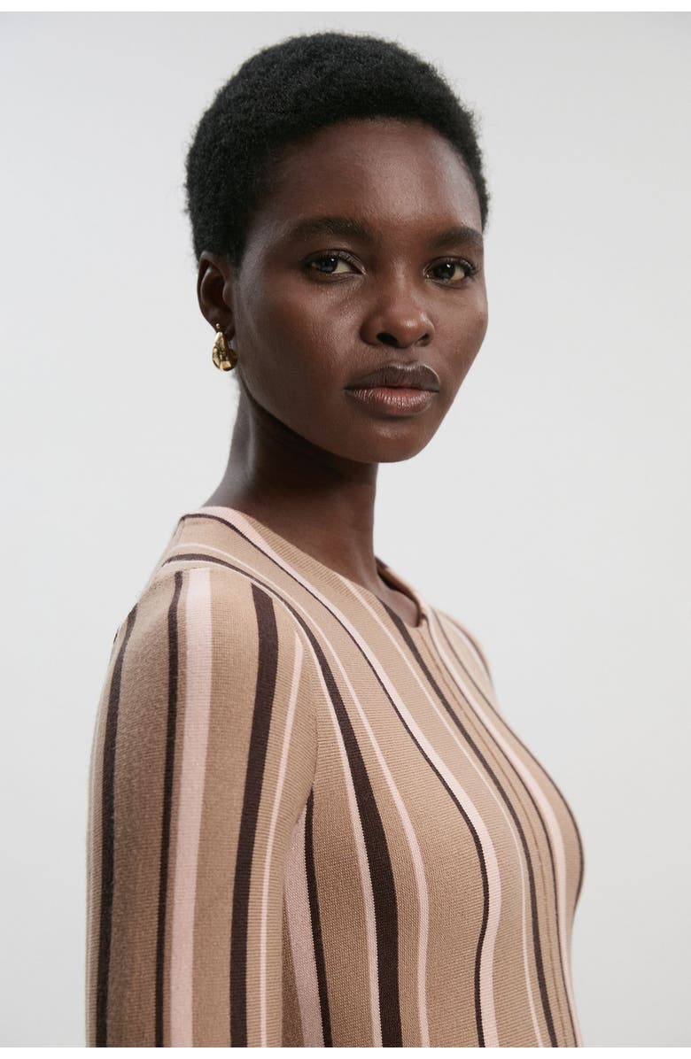 Karen Millen Asymmetric Hem Knit Midi Dress, Alternate, color, Camel