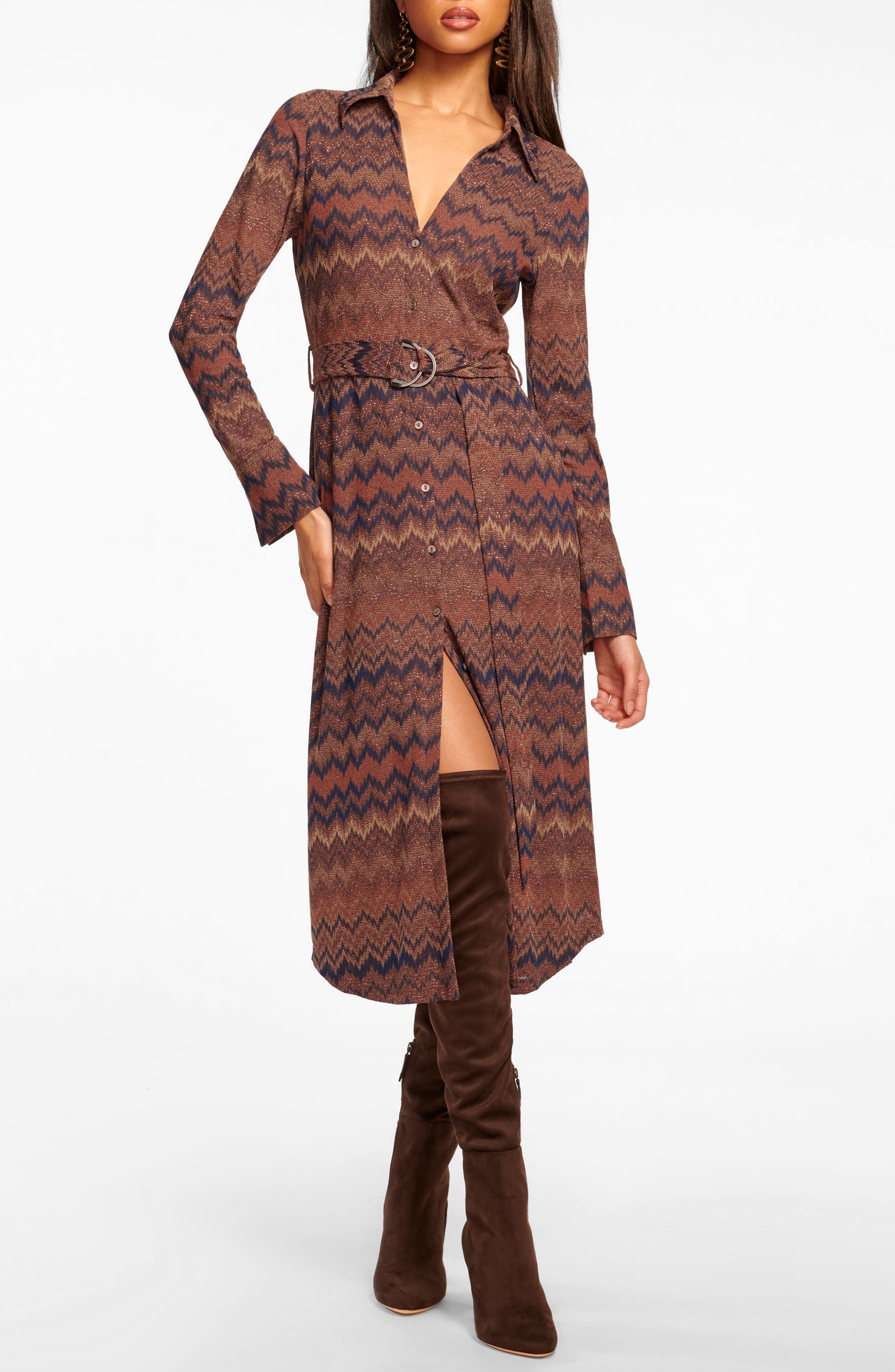Ramy Brook Lydia Metalllic Chevron Long Sleeve Shirtdress