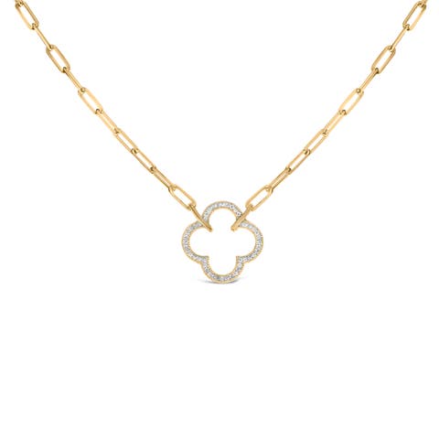 Gold Vermeil 1/10 Cttw Diamond Paperclip Chain Clover Pendant Necklace