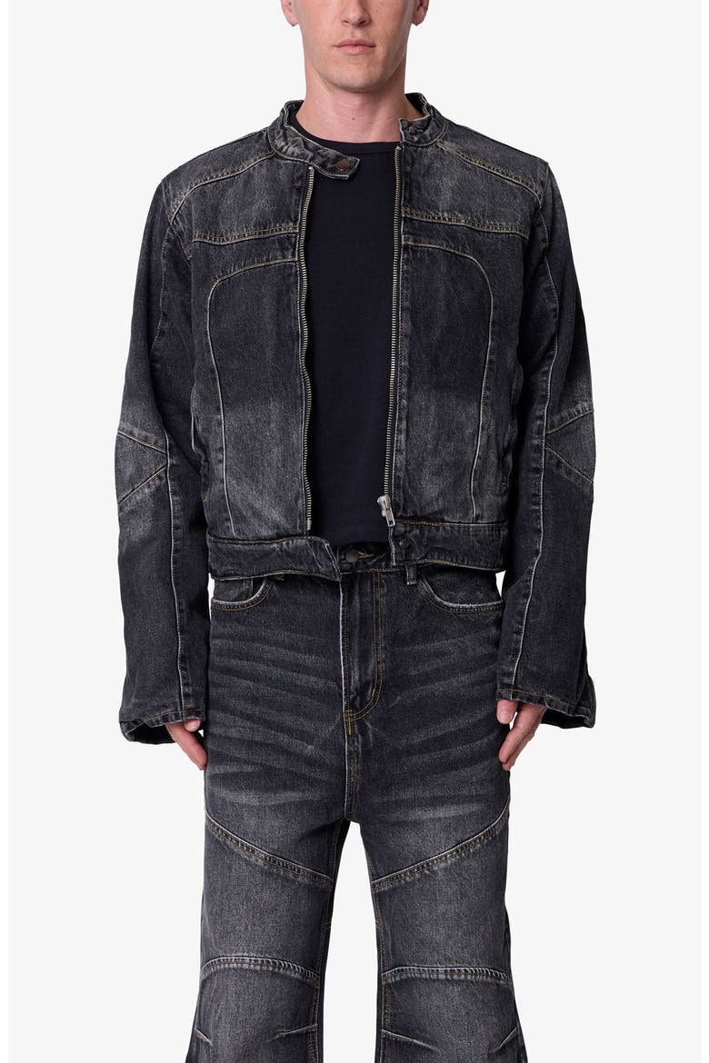 Paneled Moto Denim Jacket, Main, color, WASHED BLACK