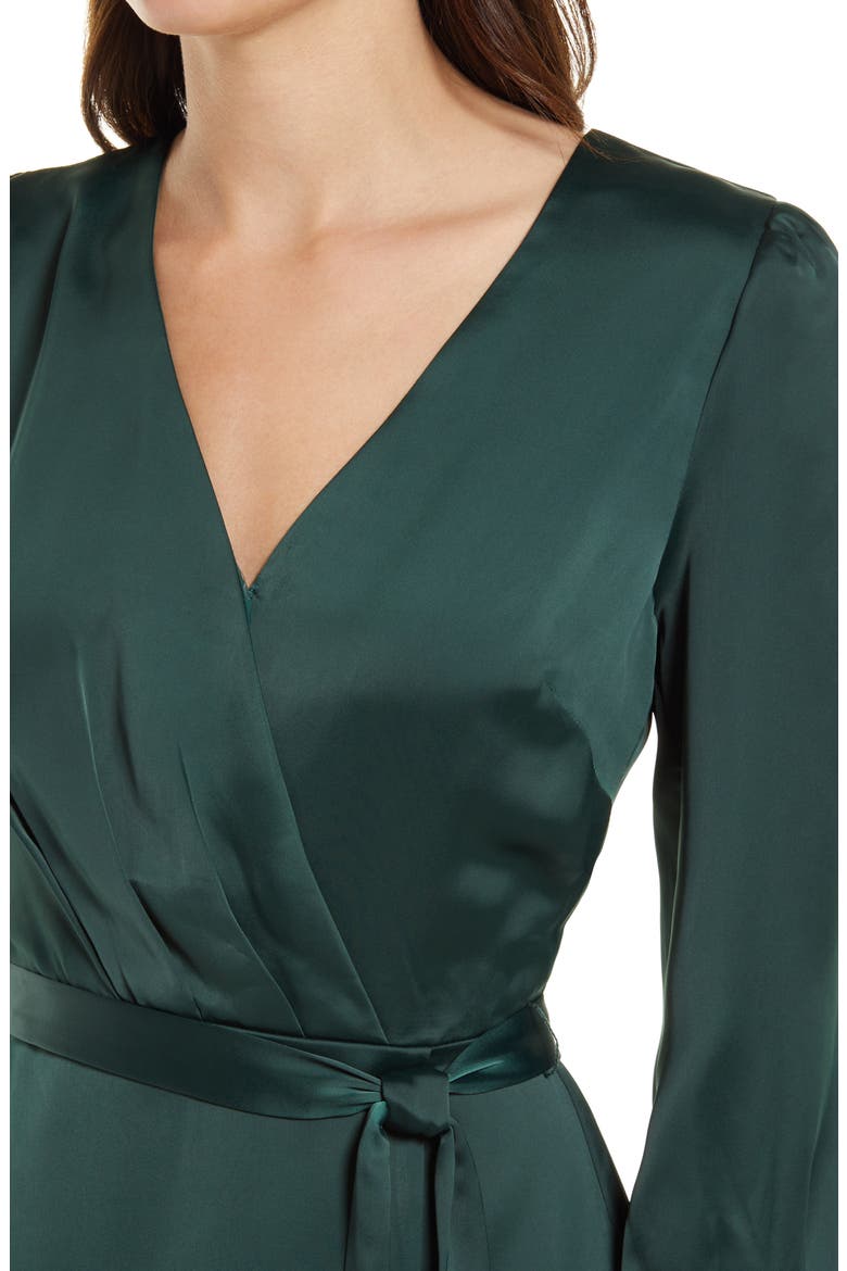 Matte Sateen Faux Wrap Long Sleeve Minidress, Alternate, color, FOREST GREEN