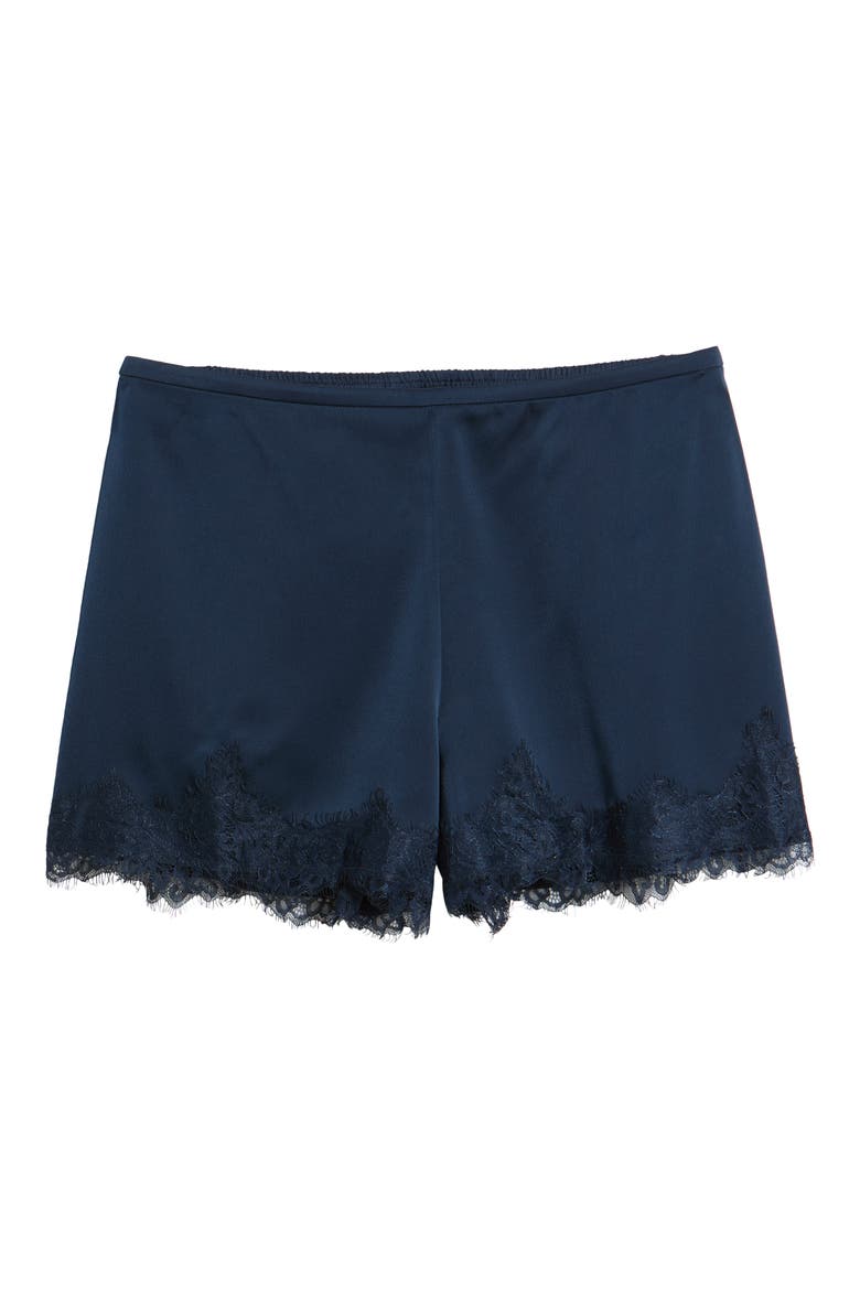 Elaine Lace Trim Matte Satin Shorts, Main, color, NAVY