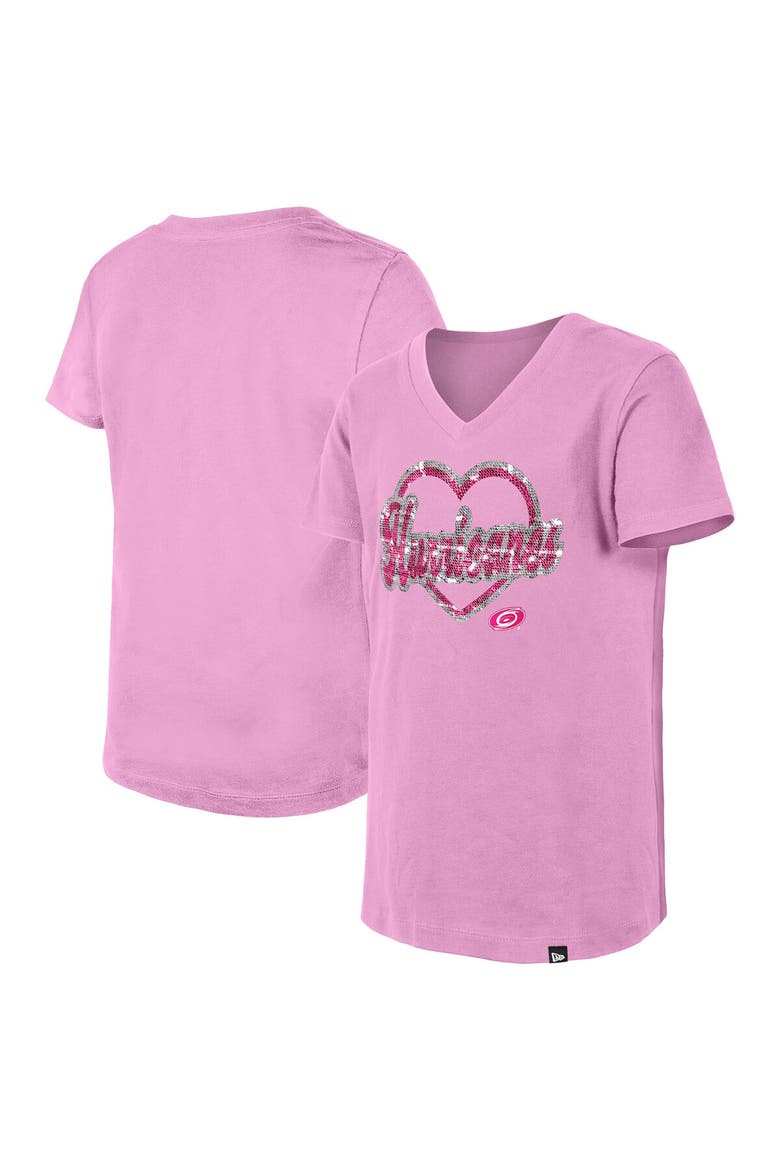 Girl's Youth New Era  Pink Carolina Hurricanes Flip Sequin V-Neck T-Shirt, Main, color, Pink