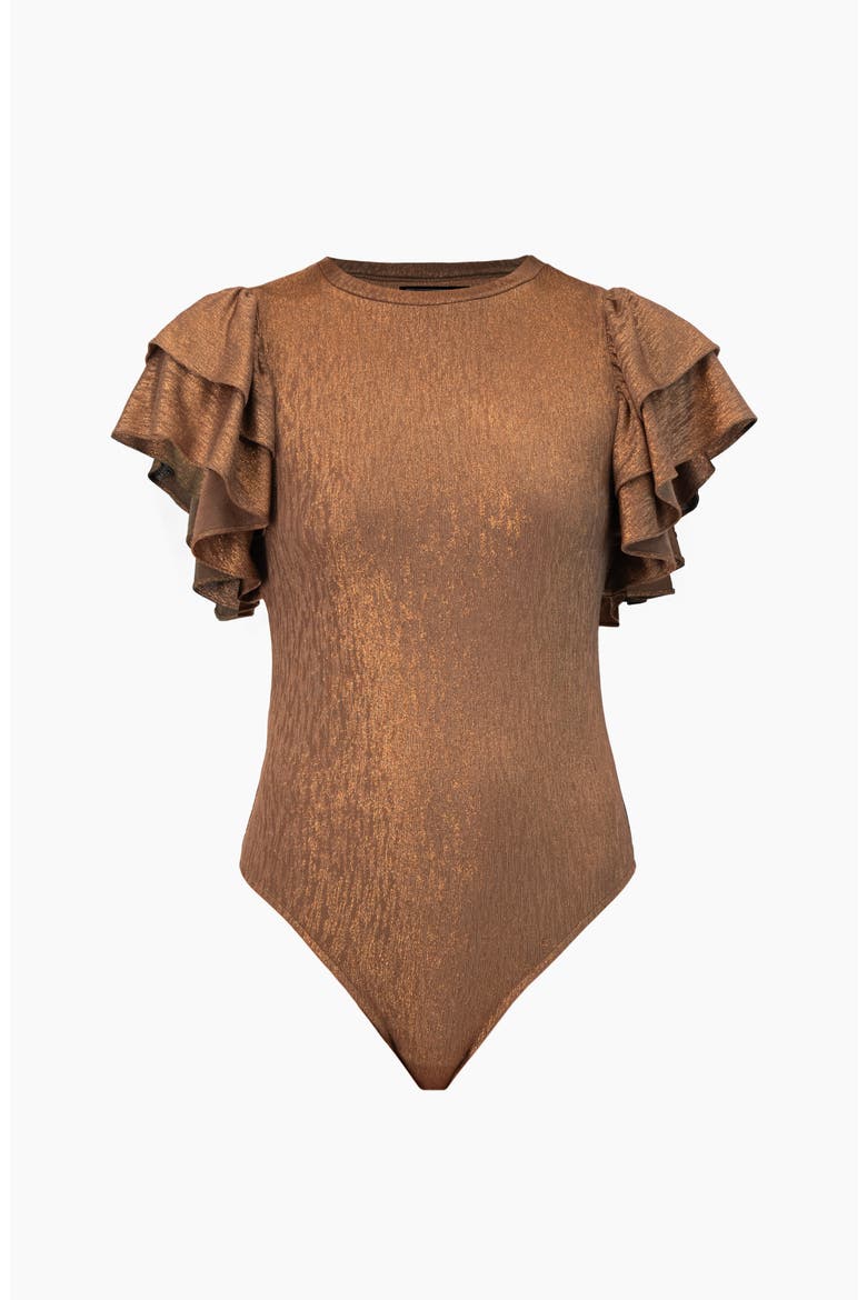 Ruffled Sleeve Round Neck Bodysuit, Alternate, color, Copper