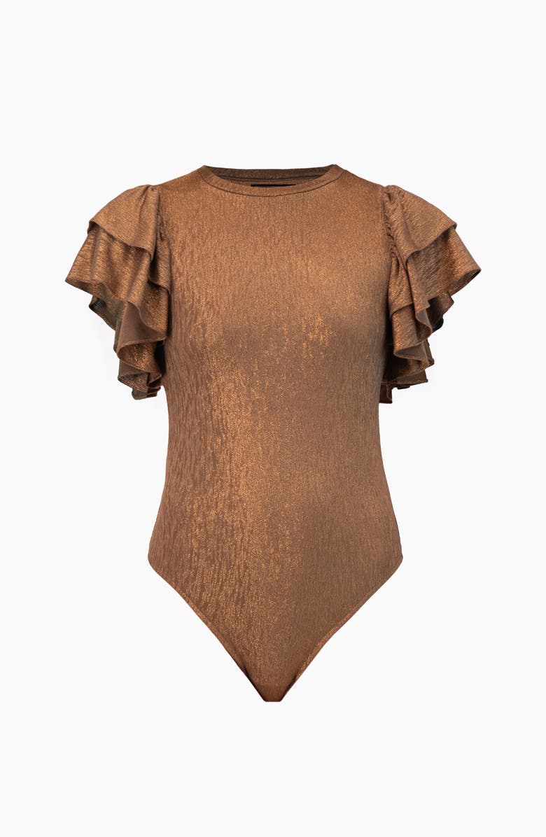 IVONNE Ruffled Sleeve Round Neck Bodysuit, Alternate, color, Copper