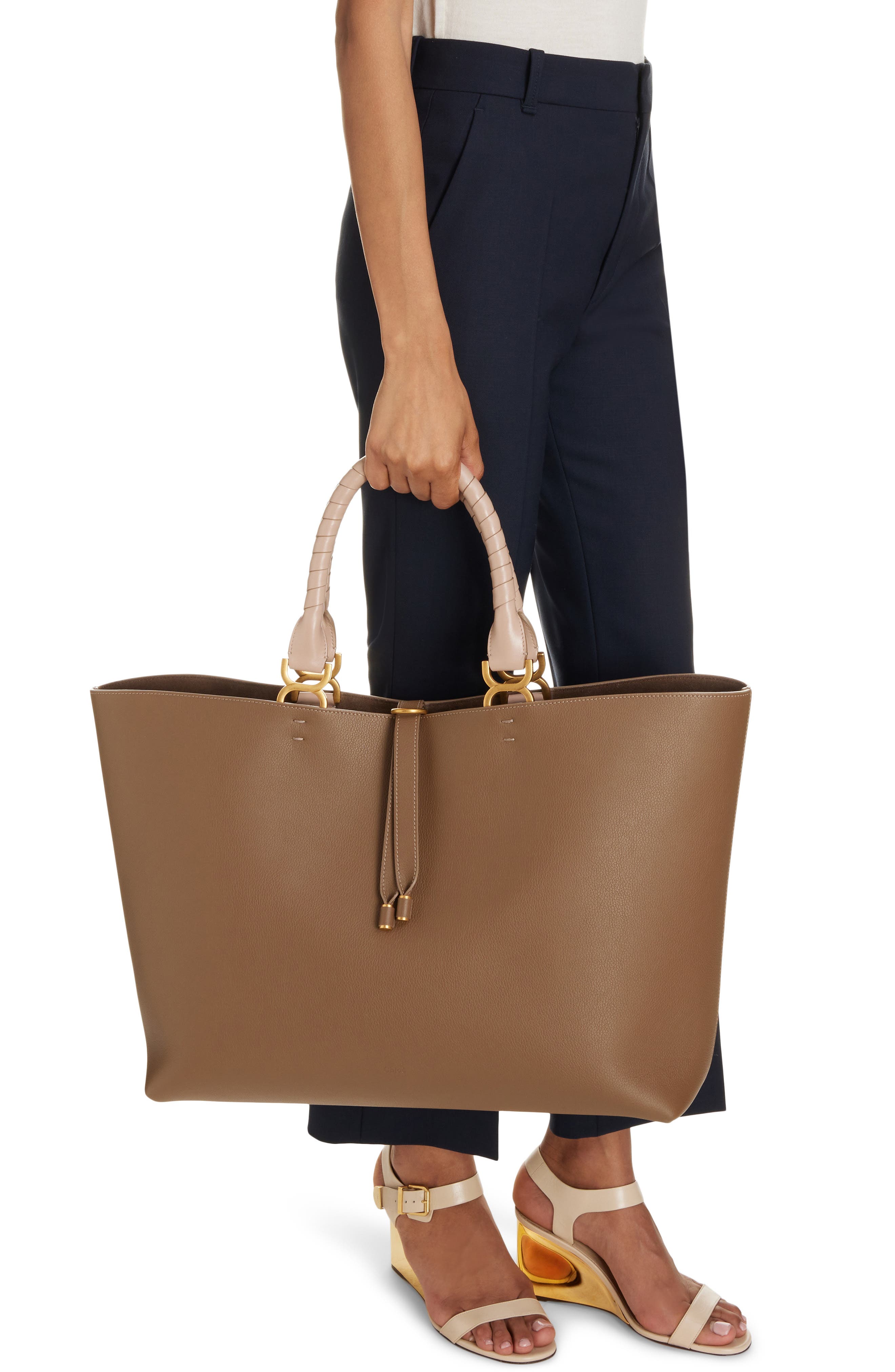 Chloé Large Marcie Grained Calfskin Leather Tote, Alternate, color, Dark Nut 29X