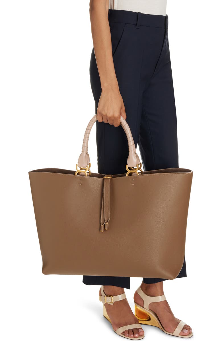 Chloé Large Marcie Grained Calfskin Leather Tote, Alternate, color, Dark Nut 29X