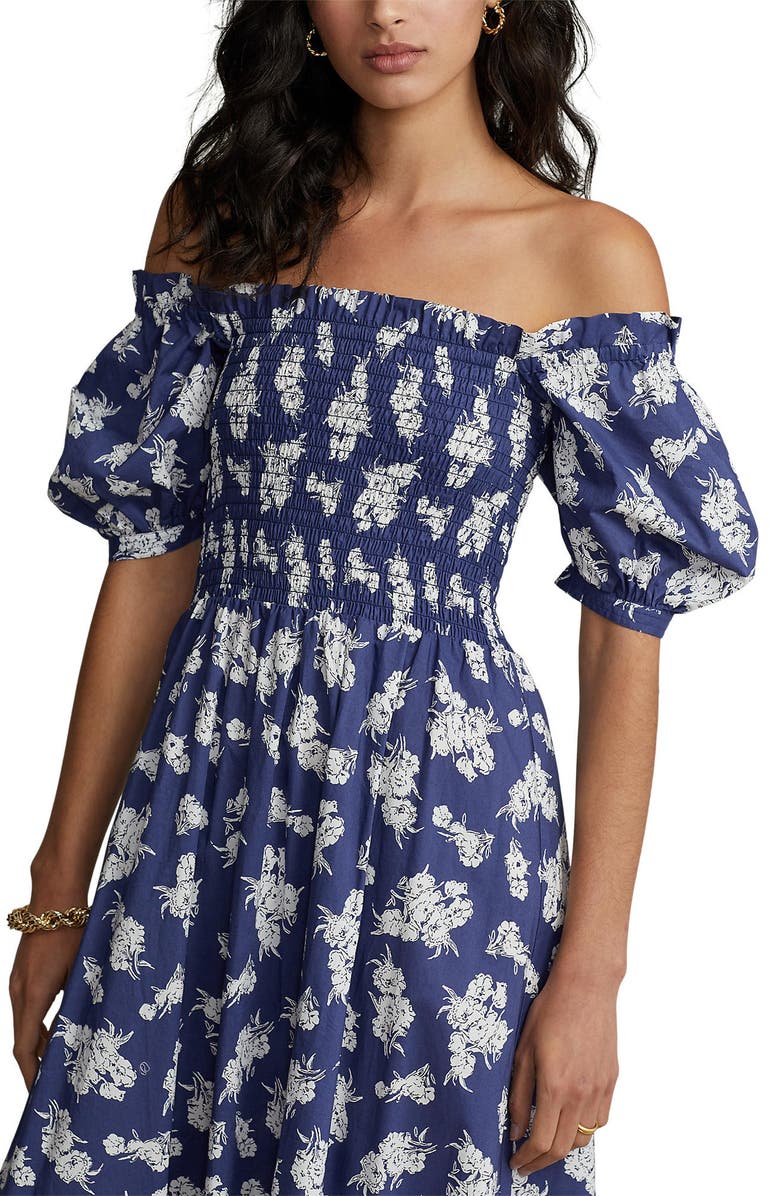 Polo Ralph Lauren Floral Cotton Off the Shoulder Midi Dress, Alternate, color, 