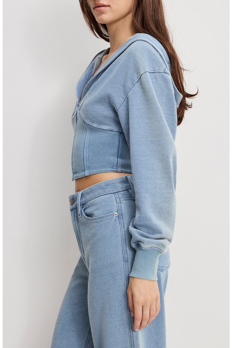 Jeanius Corset Crop French Terry Zip Hoodie, Alternate, color, INDIGO1157