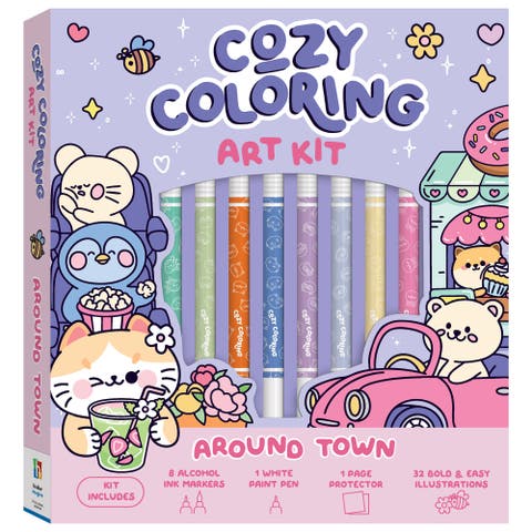 Cozy Coloring, Around Town Art Kit, 32 Page Adult Coloring Book Set