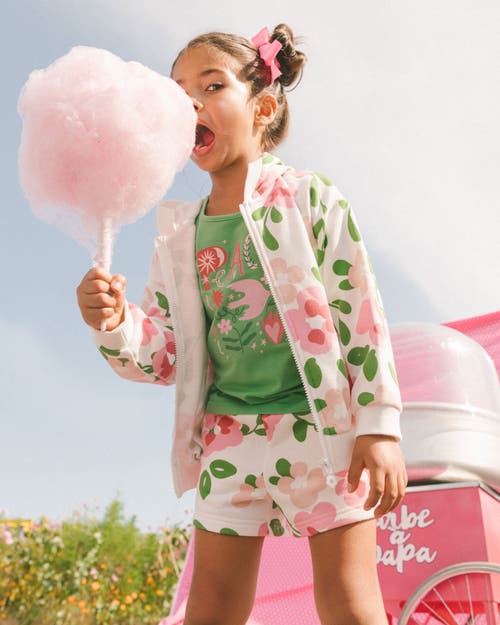 Deux Par Deux Girl's Printed French Terry Short Pink Flowers On White Background In Pink Flowers On White