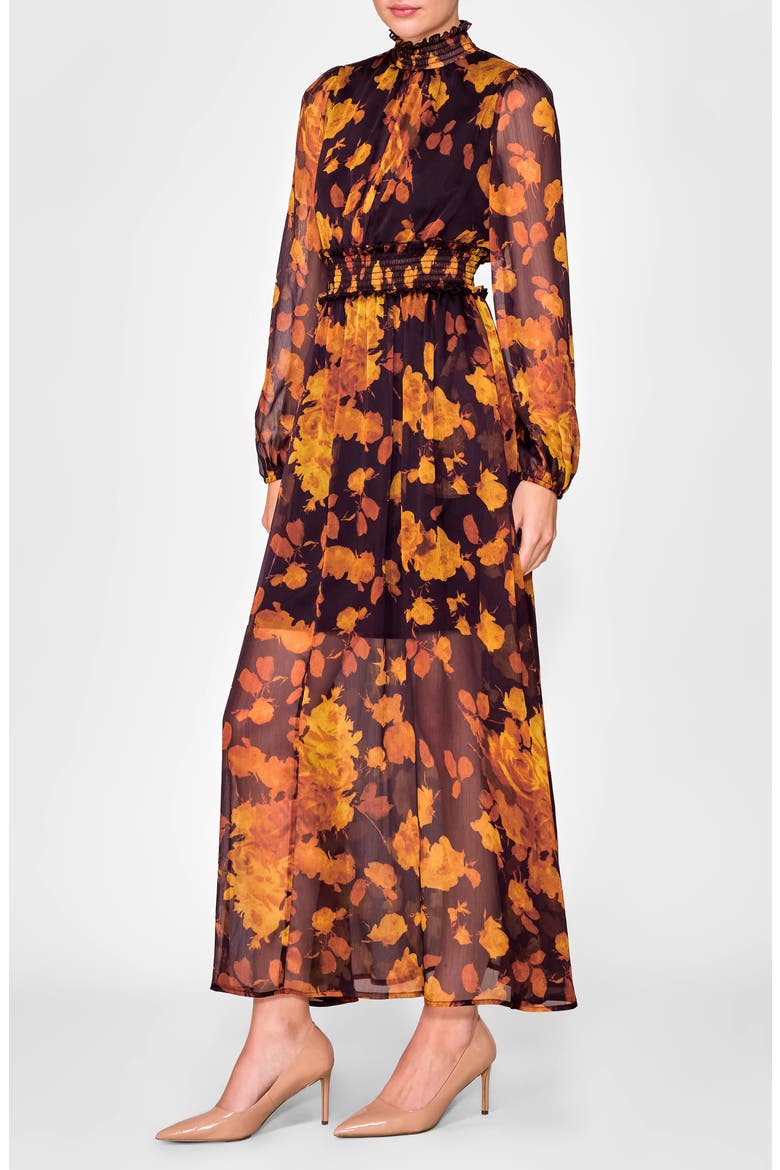 Floral Long Sleeve Chiffon Dress, Alternate, color, BURNT ORANGE FLORAL
