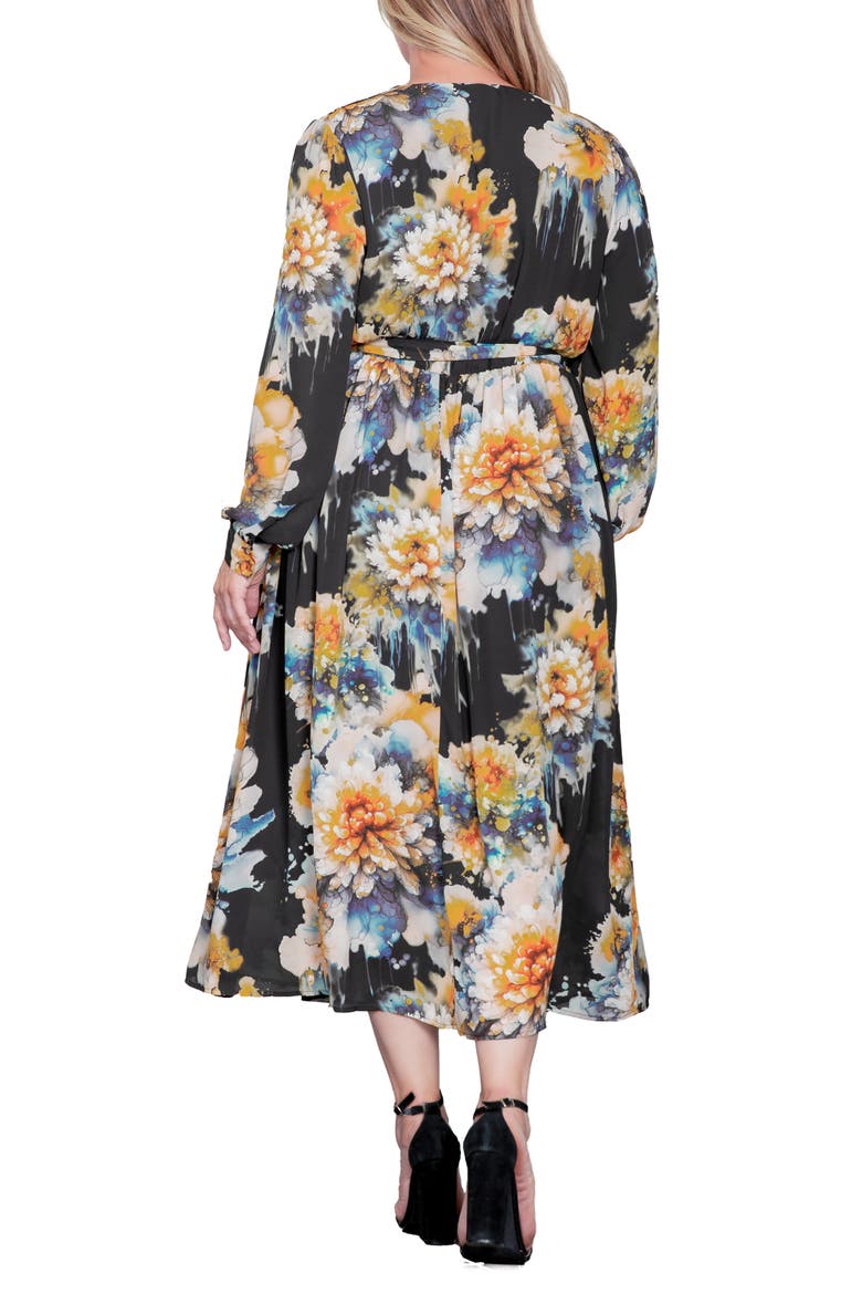 Floral Print Long Sleeve Georgette Midi Wrap Dress, Alternate, color, BLACK INK FLORAL