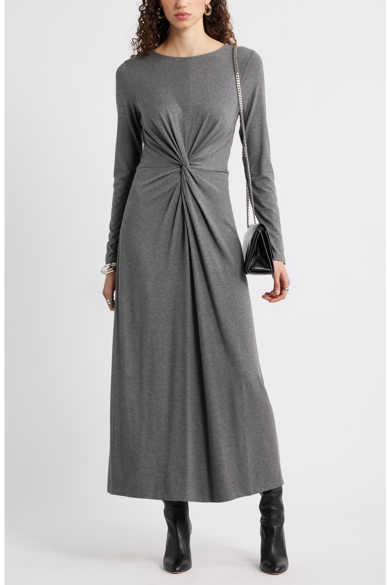 Twist Front Long Sleeve Jersey Maxi Dress, Main, color, GREY CHARCOAL HEATHER