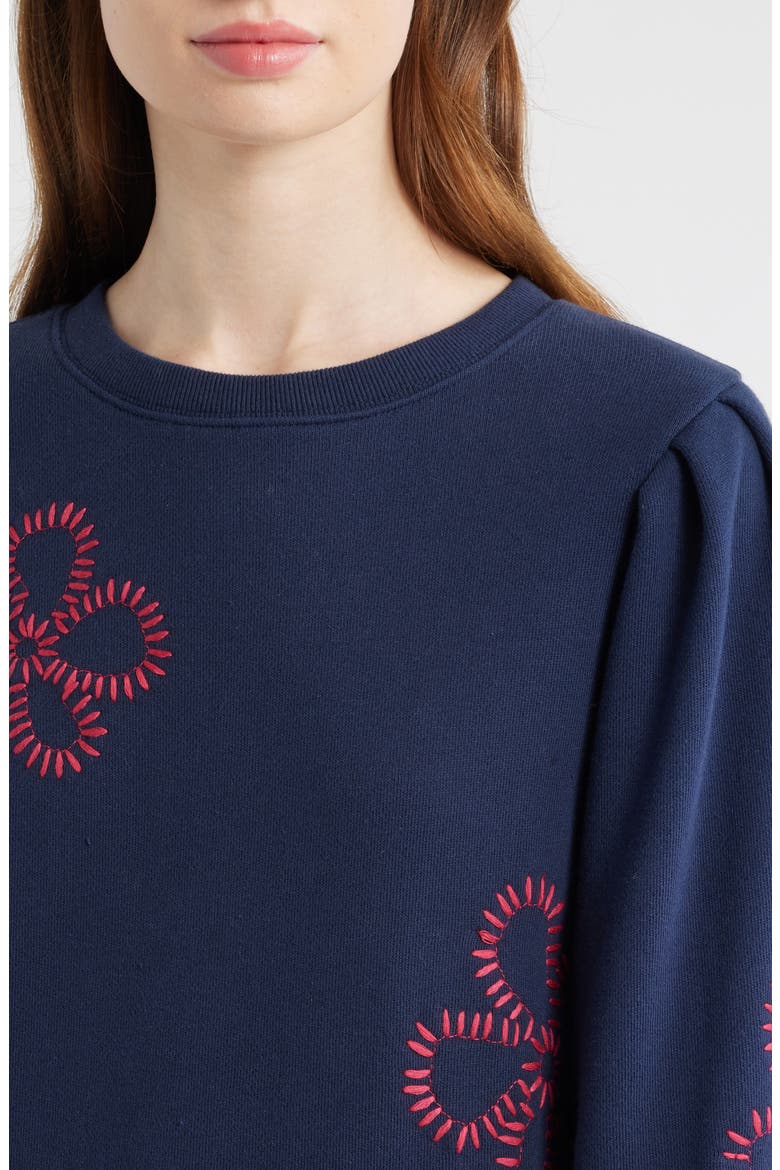 Tiffany Floral Embroidered Balloon Sleeve Cotton Sweatshirt, Alternate, color, NAVY