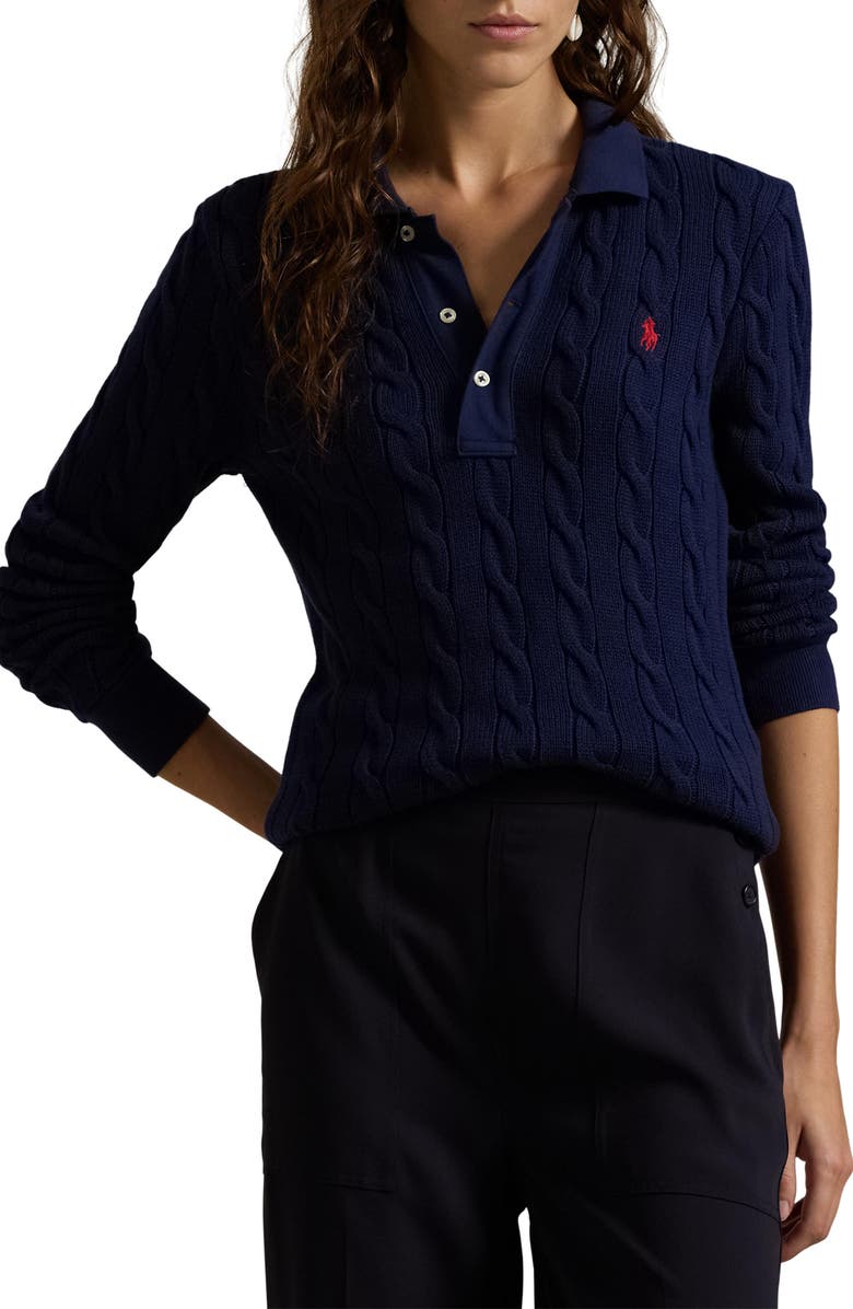 Polo Ralph Lauren Cable Long Sleeve Cotton Polo Sweater, Main, color,