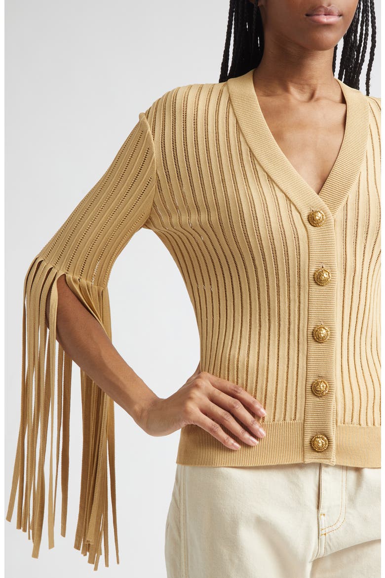 Fringe Sleeves Pointelle Rib Cardigan, Alternate, color, 1GQ YELLOW