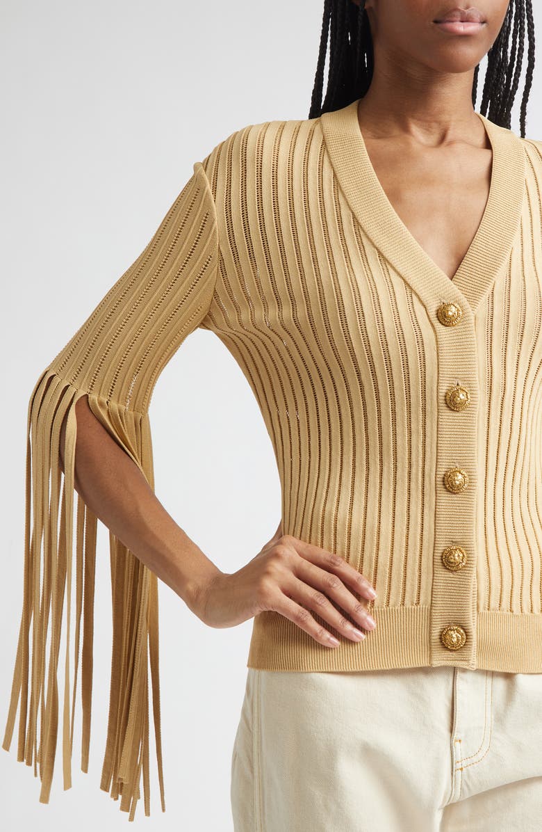 Balmain Fringe Sleeves Pointelle Rib Cardigan, Alternate, color, 1Gq Yellow