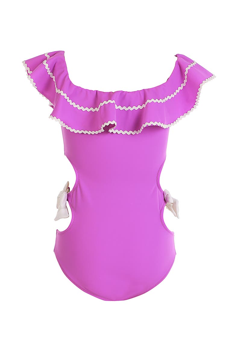 Off-Shoulder Side Cut-Out and Bows One-Piece Swimsuit, Alternate, color, Purple