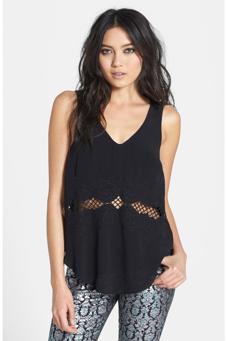 ASTR Embroidered Mesh Inset Tank, Main, color, BLACK