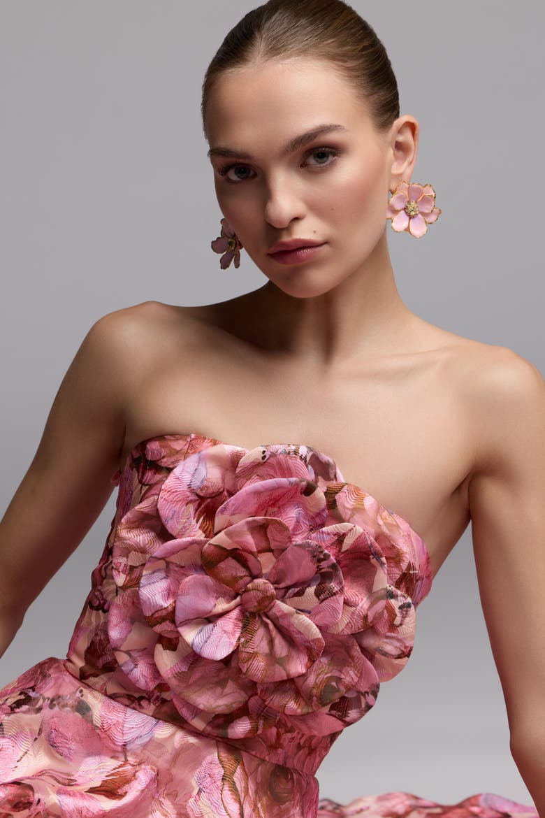 Strapless Floral Printed A-Line Gown With 3D Flower, Alternate, color, Rose Multi