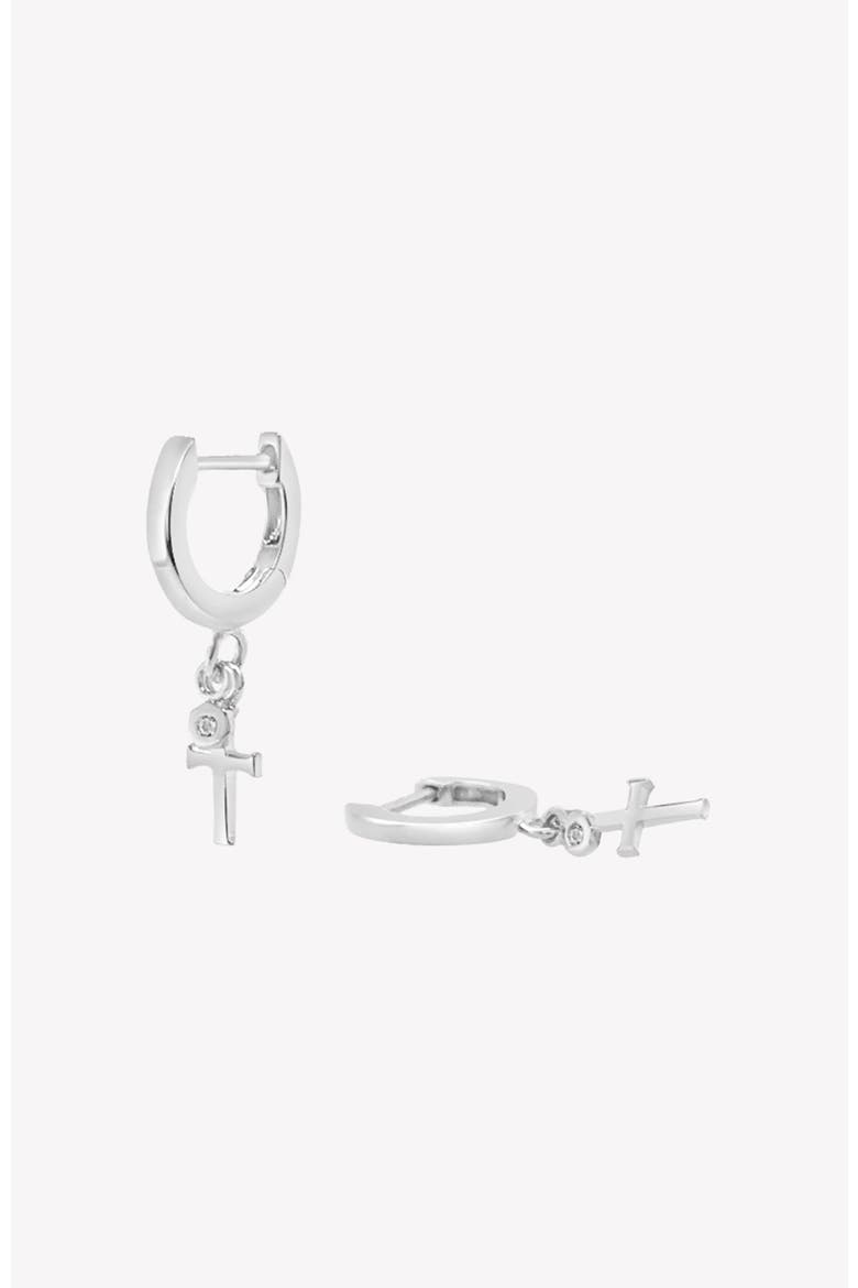 Calvary Cross Huggie Hoop Earrings, Alternate, color, Sterling Silver