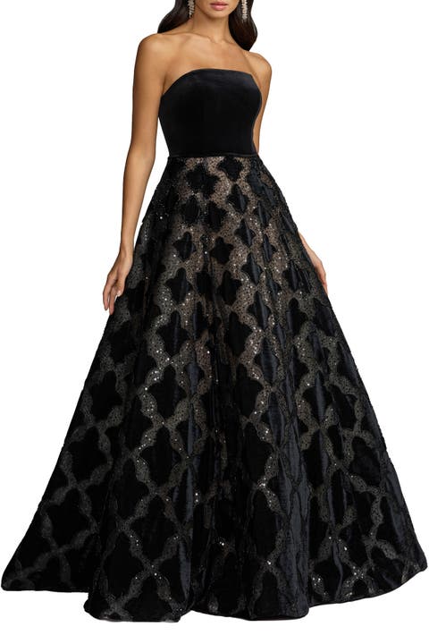Strapless Velvet Sequin Appliqué Ball Gown