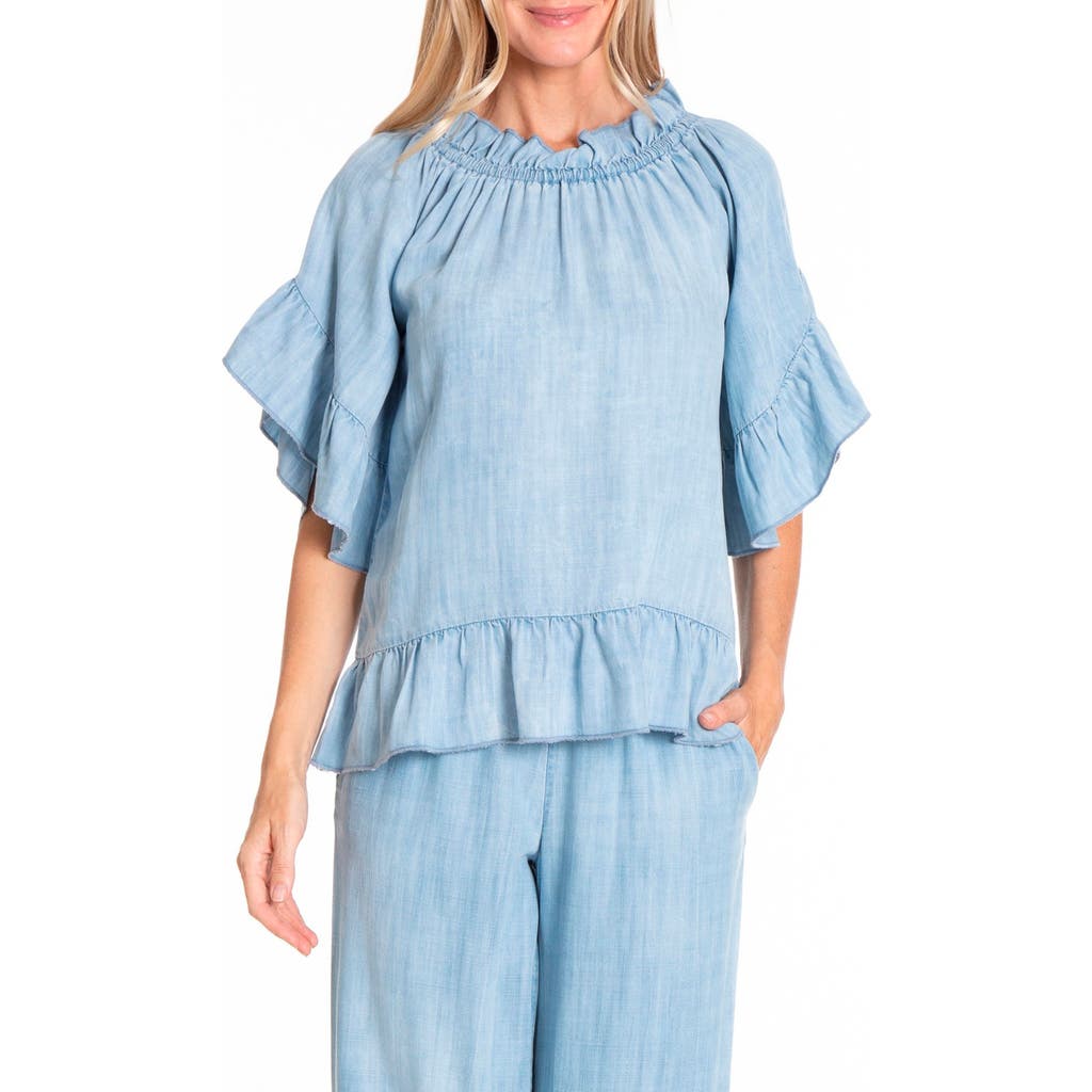 Apny Flounce Sleeve Top In Light Indigo