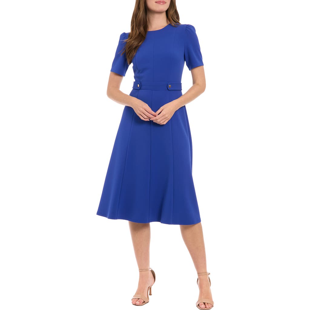 London Times Petites Womens Crepe 3/4 Sleeves Fit & Flare Dress In Blue