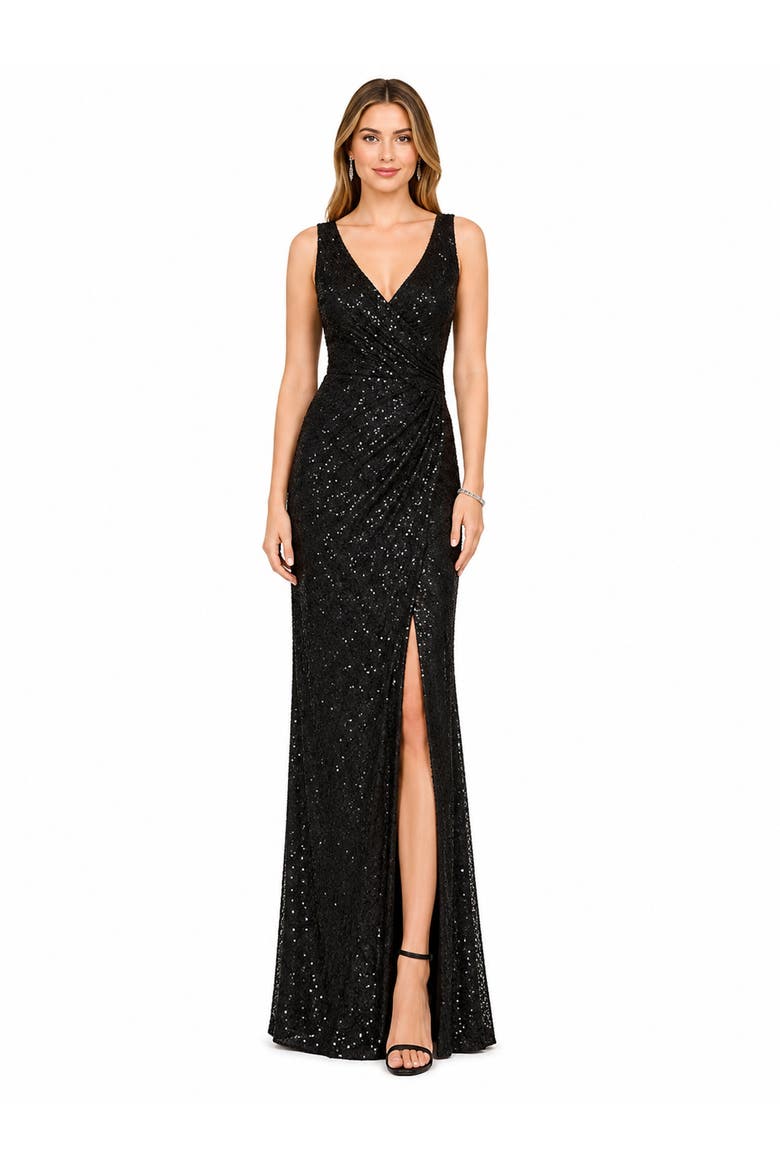 Beaded Black Gown with Slit, Alternate, color, Black