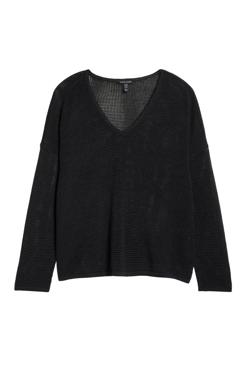 V-Neck Open Knit Sweater, Alternate, color, BLACK