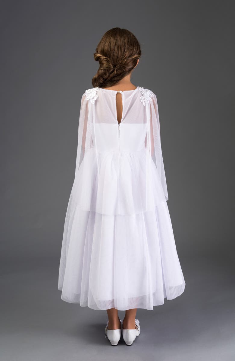 GERSON & GERSON Iris & Ivy Illusion Lace Cape Sleeve First Communion Dress, Alternate, color, 