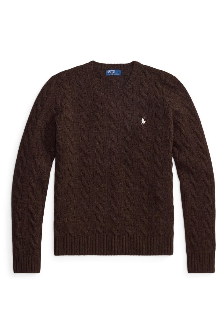 Crewneck Cable Wool & Cashmere Sweater, Alternate, color, BROWN