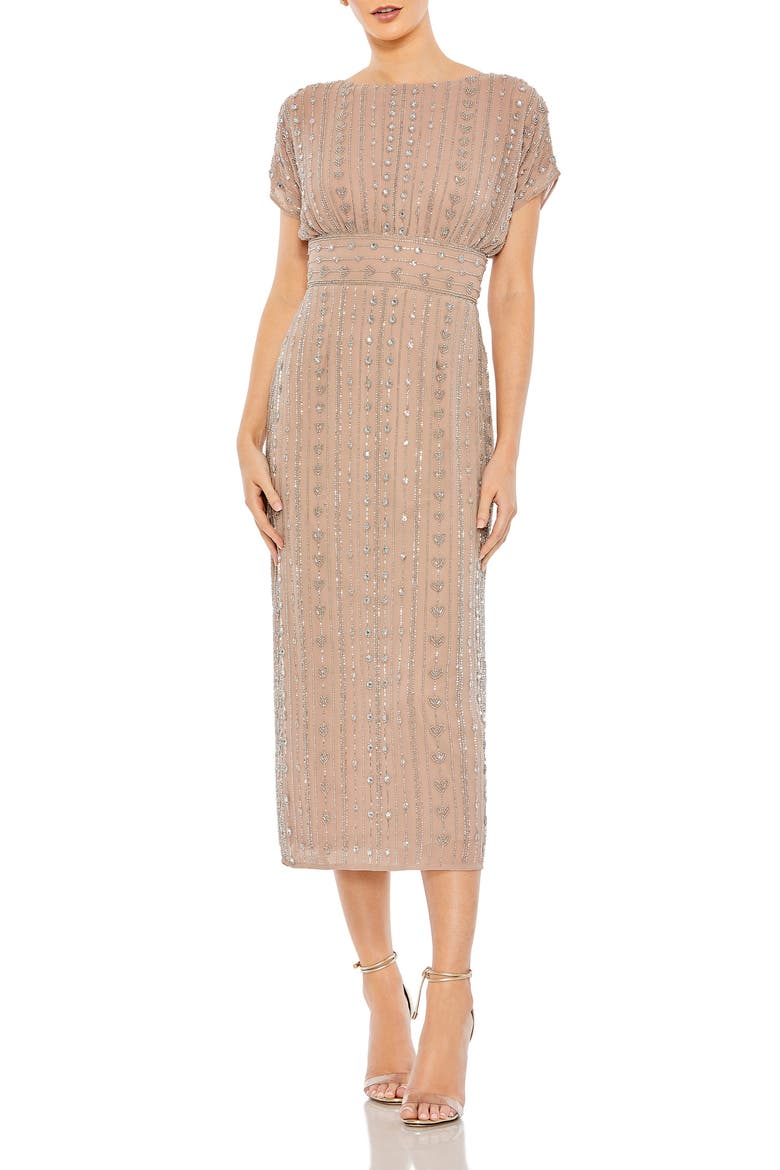 beaded cap sleeve a line midi dress Green Beaded Cap Sleeve Sheath Midi Dress