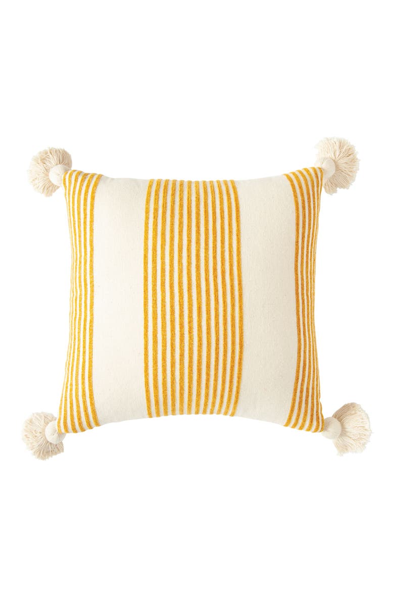 Storied Home Cream Cotton & Chenille Pillow with Mustard Stripes & Tassels, Main, color, Yellow